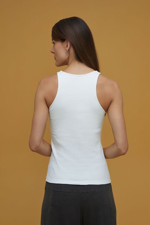 Regata Off White Algodão Canelado Cacto