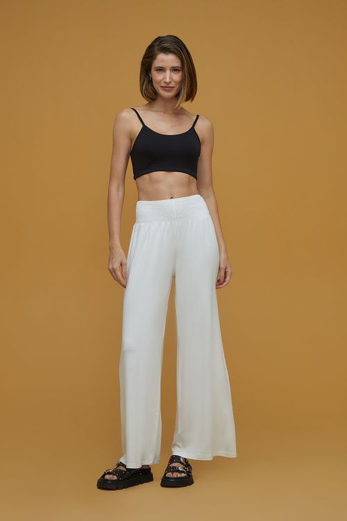 Calça Pantalona Off White Bambu Lastex Deva