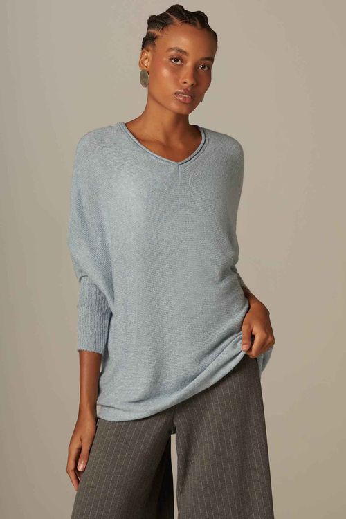Sweater Decote V Azul Tricot Grace