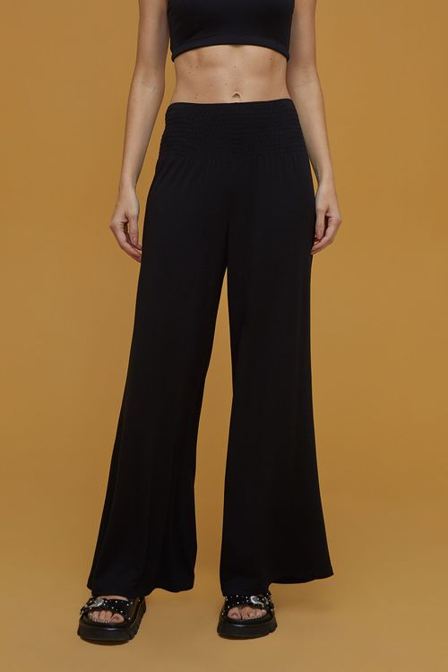 Calça Pantalona Preta Bambu Lastex Deva