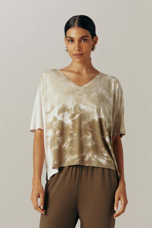 Blusa Decote V Tie Dye Verde Oliva Modal Yara
