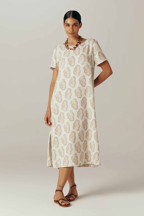 Vestido Evasê Midi Estampado Com Linho Lakshmi