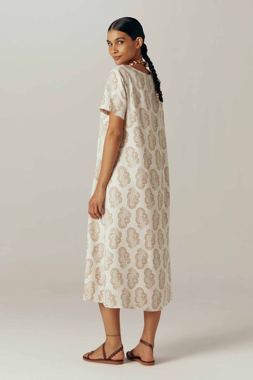 Vestido Evasê Midi Estampado Com Linho Lakshmi