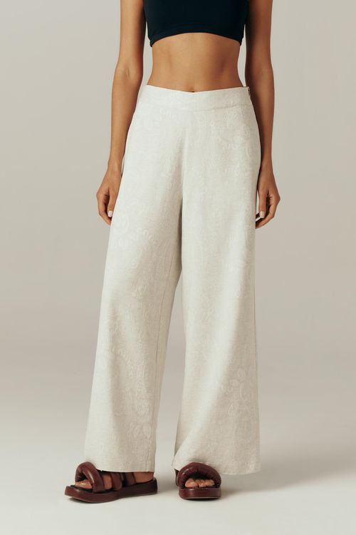 Calça Reta Off White Com Linho Paisley