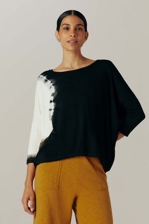 Blusa Ampla Tie Dye Preta Com Linho Cíntia