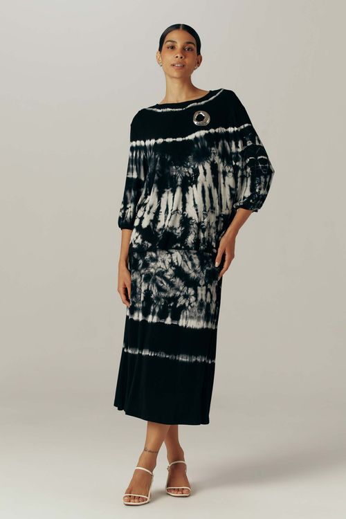Saia Midi Evasê Tie Dye Preta Violeta