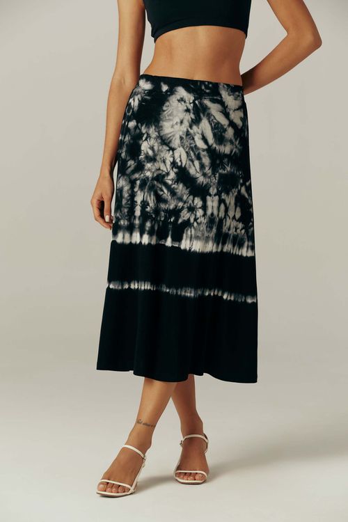 Saia Midi Evasê Tie Dye Preta Violeta