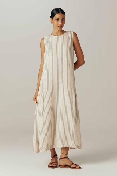 Vestido Regata Listrado Bordô Com Linho Kamala