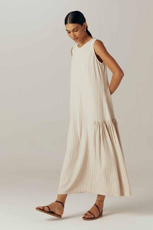 Vestido Regata Listrado Bordô Com Linho Kamala