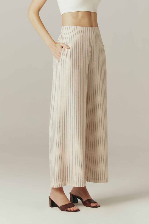 Calça Reta Listrada Bordô Com Linho Kamala