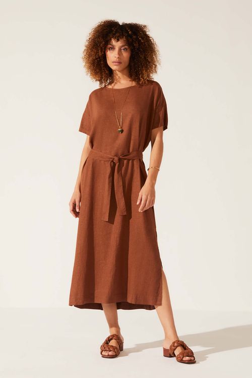 Vestido Midi Dye Camelo Linho Eunice