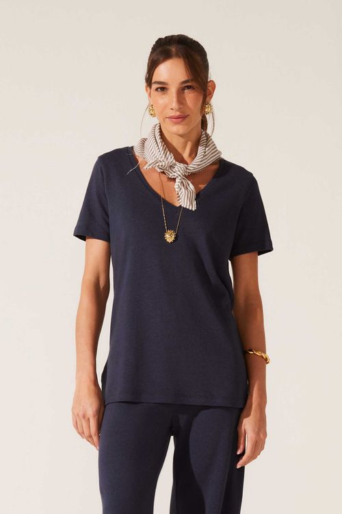Blusa Decote V Azul Marinho Algodão Alice