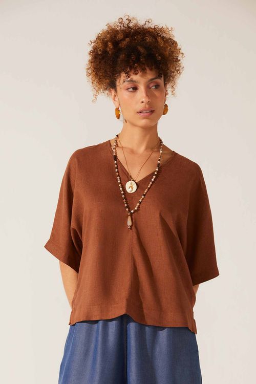 Blusa Decote V Dye Camelo Linho Francis