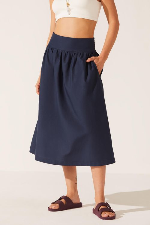 Saia Evasê Midi Marinho Algodão Rafa