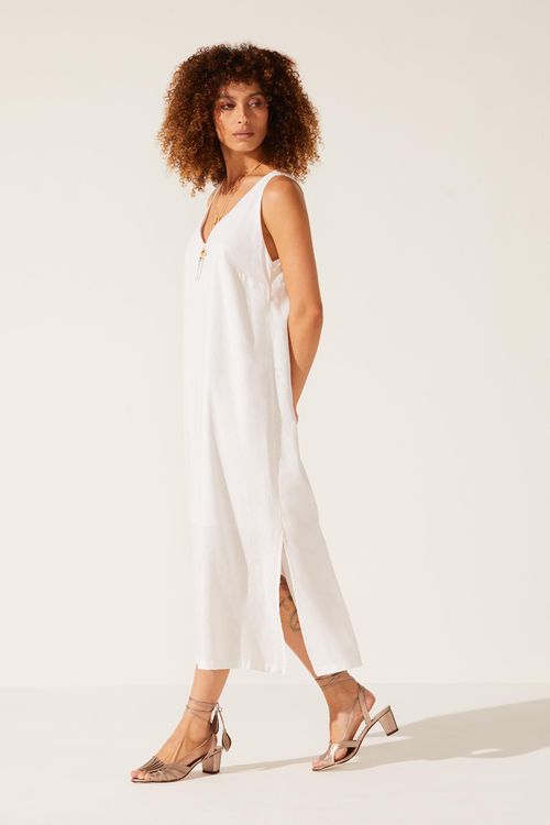 Vestido Evasê Off White Linho Esther