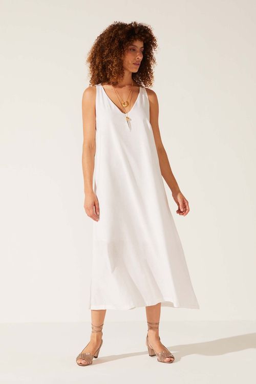 Vestido Evasê Off White Linho Esther