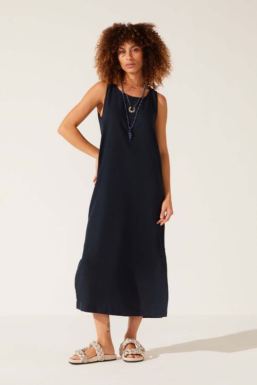 Vestido Midi Dye Marinho Linho Hebe