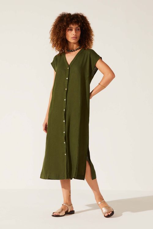 Vestido Evasê Midi Dye Verde Linho Gilda