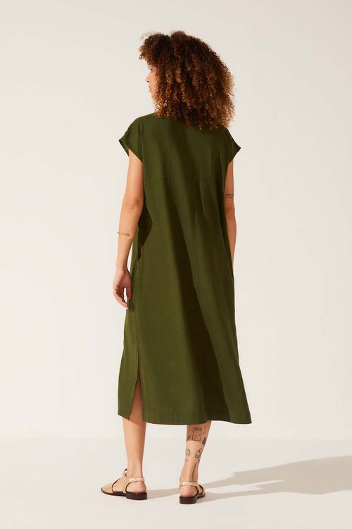 Vestido Evasê Midi Dye Verde Linho Gilda
