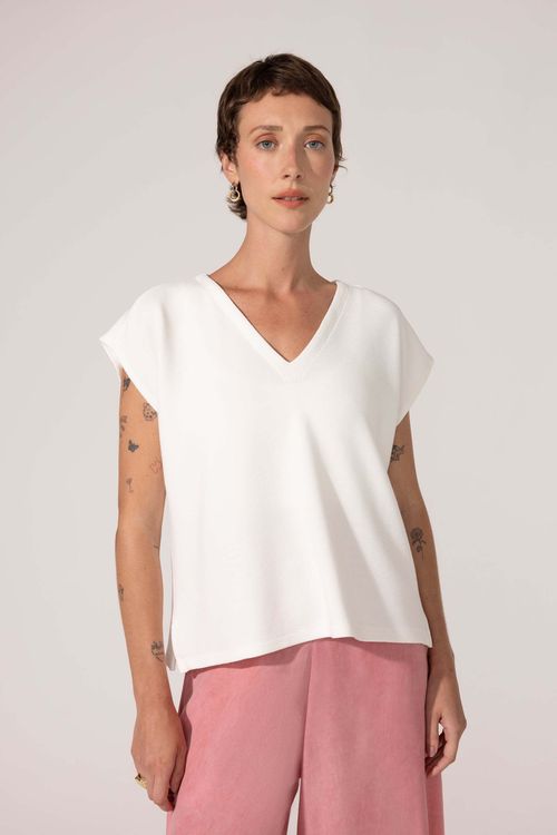 Blusa Decote V Canelada Off White Vania