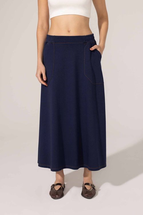 Saia Midi Marinho Algodão Icária