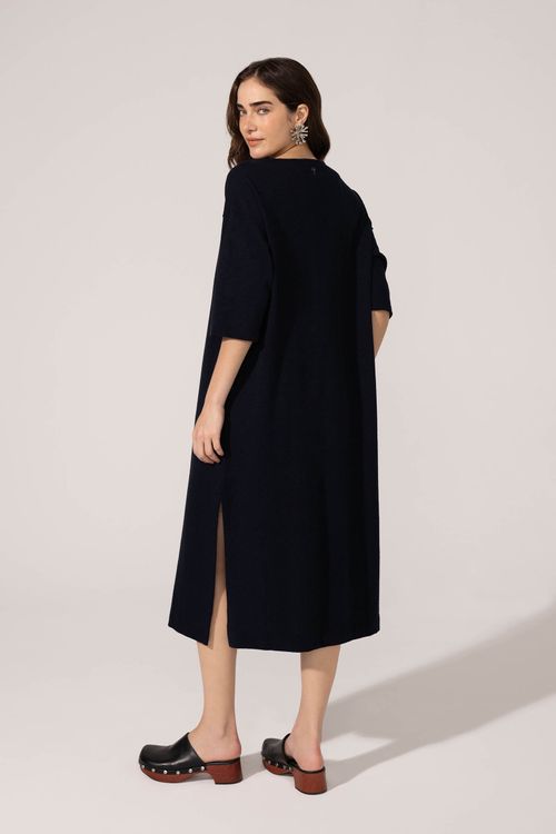 Vestido Manga 3/4 Marinho Algodão Tulipa