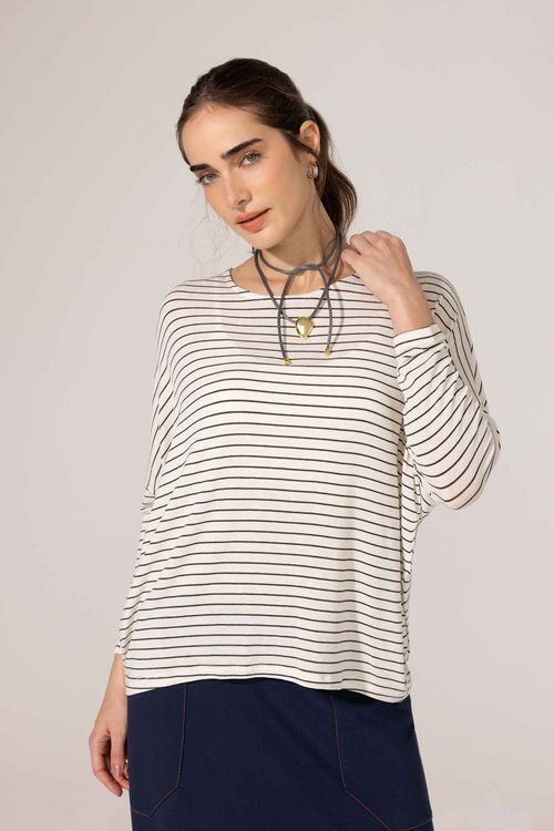 Blusa Manga ¾ Verde Escuro Listrada Lourdes
