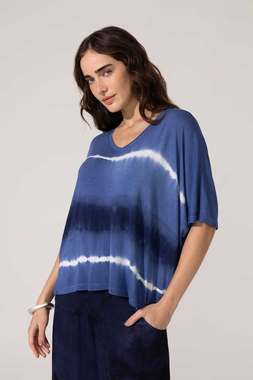 Blusa Decote V Tie Dye Azul Vilma