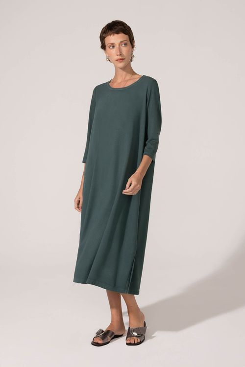 Vestido Evasê Verde Escuro Com Linho Lívia