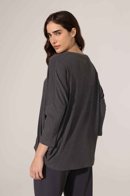 Blusa Decote V Canelada Mescla Escuro Ariane