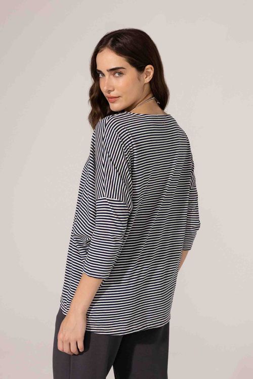 Blusa Ampla Listrada Marinho Algodão Aimee