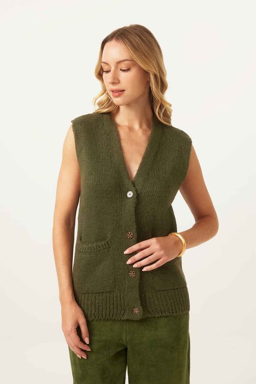 Colete Botões Canelado Militar Tricot Cássia