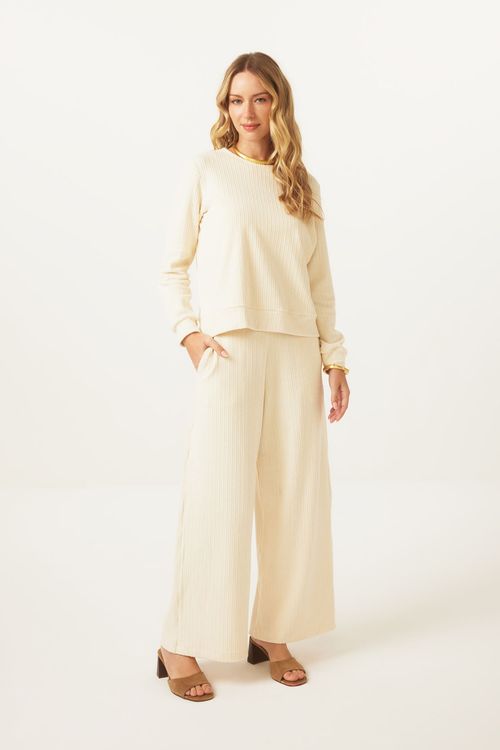 Calça Wide Leg Creme Algodão Pérola