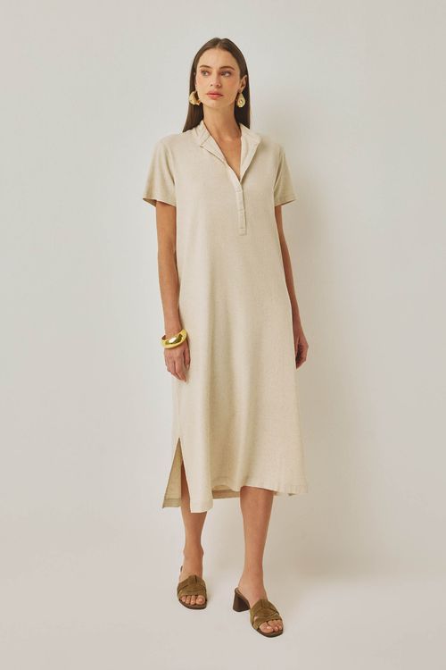 Vestido Decote V Mescla Bege Com Linho Aurora